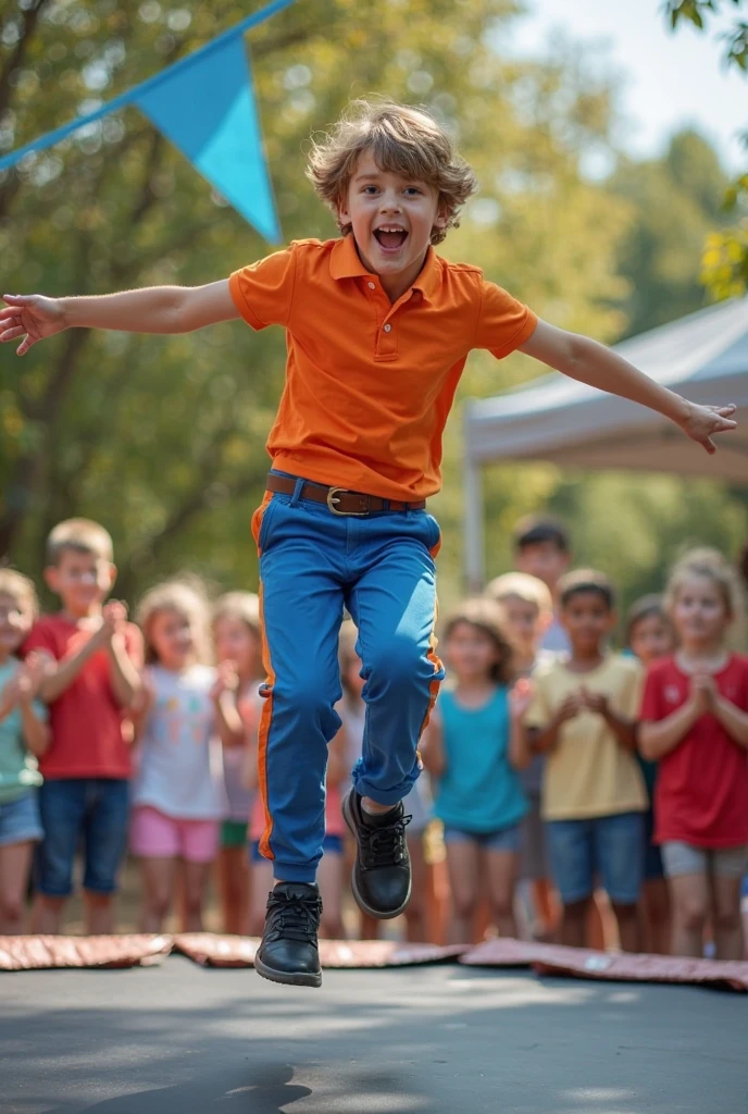 The boy with the blue shirt is looking back and laughing very hard, pointing his index finger at the children in the back. While the children in the back are crying very hard