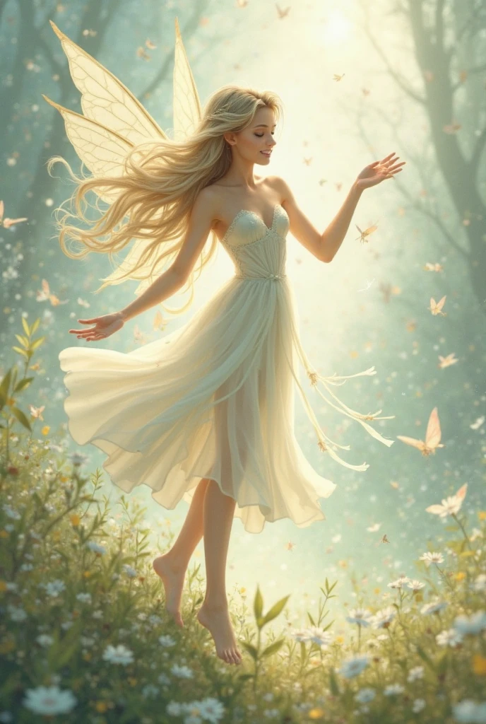 high resolution, best quality, masterpiece, ultra high definition, ultra high definition, ultra realistic, 3d, anime, illustration, solo, very beautiful and cute woman in her twenties, she wears a light white floral miniskirt length dress and flutters her wings, her hair is moving, full body, wonderful perfect proportions, shiny light brown medium hair, high layer cut, mullet hairstyle, bright blue eyes, happy, shy