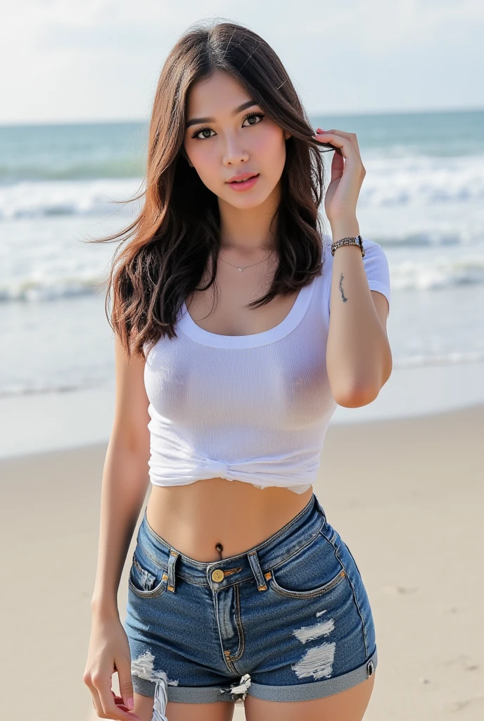 Zahra Ayu 21 years old 160cm 55kg, Very Big jumbo breast, Smile face. thighs visible. wearing white white tank top, blue short jeans, medium hair. Bright face. sea background.