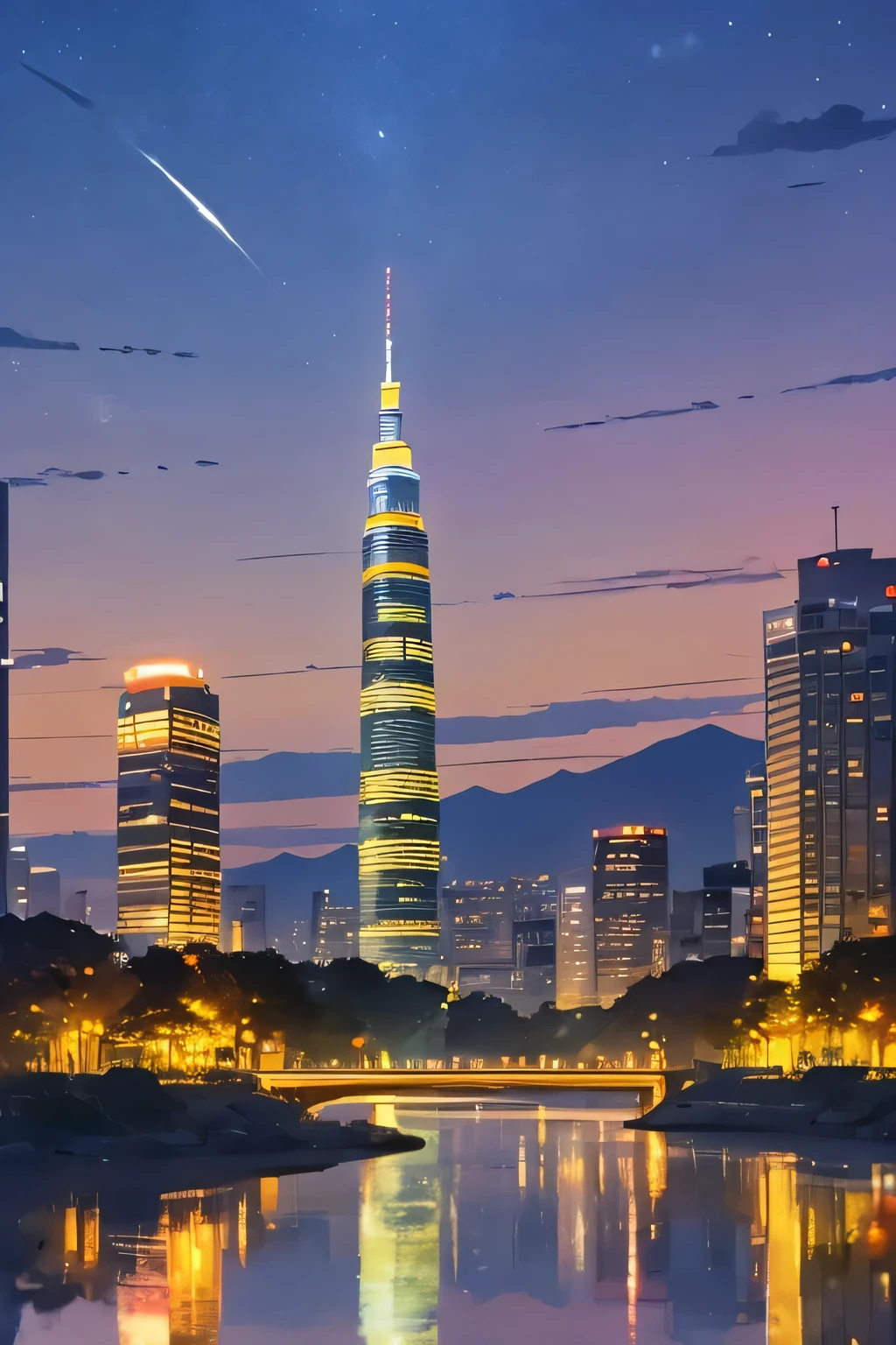 照らされた都市のスカイライン, Modern cityscape at night, Vibrant Skyscrapers, Shining Building, Fukuoka Tower Illuminated by Colorful Lights, Reflection River in the foreground, Mountain in the distance under the night sky々, cityscapes , shining city lights, Tranquil Atmosphere, Panoramic Views, balanced exposure, Deep Depth of Field, Long focal length, vivid details、Illuminated city skyline with many buildings