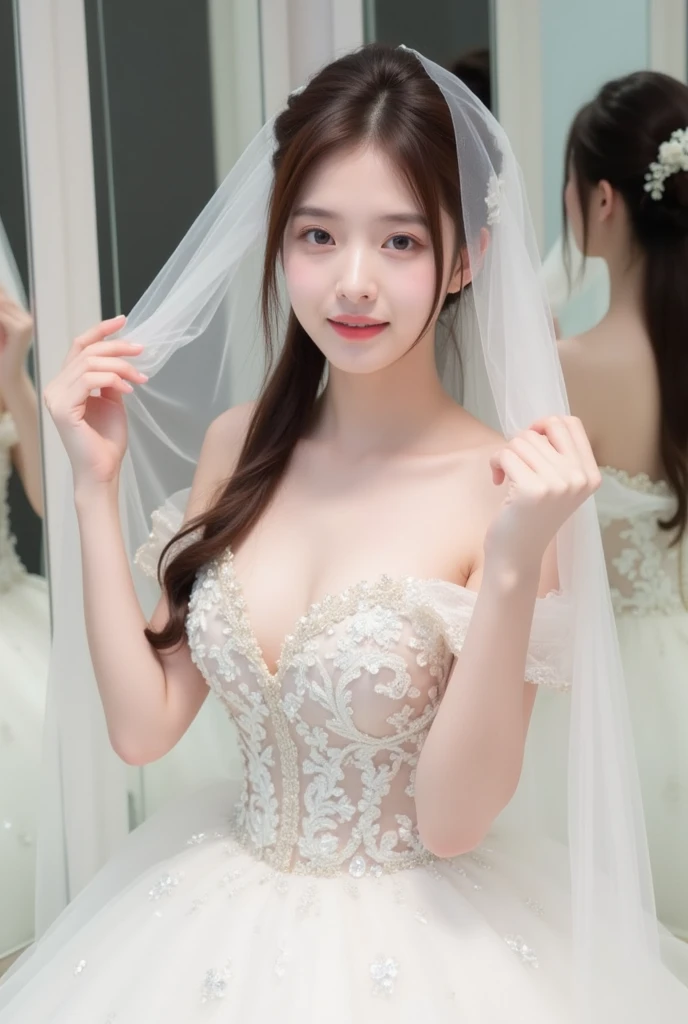 (8k,RAW Photos,Like a photograph:2.0),masterpiece,Highest quality, Hyper Reality、(Highest quality:1.4), Beautiful Face, 8k, absurdes, (Wedding dress、Please show me your whole body:1.4), (Super Detail),((Very delicate and beautiful)),Focus on the characters,Dynamic Angle,looking at onlookers with an intensely lewd gaze,((alone)),Are standing,((Extremely obscene whole body)),((A princess wearing a gorgeous evening wedding dress with a voluminous skirt.)),((Beautiful bride with a mischievous smile)),Detailed, Big smile and eyes,Jewel-like eyes,((Very long and voluminous hair)),Gorgeous embroidery and lace,((Gorgeous corsage)),See through,(Gorgeous Jewelry Ornaments),Luxury Hair Accessories,Gorgeous jeweled tiara,Gorgeous frills,((Very lewd face and huge breasts)),indoor,extremely obscene church wedding,((Extremely obscene whole body)),Hoop skirt,crinoline,very long wedding veil,(((A mix of bejeweled wedding dresses and lavishly embroidered Rococo ball gowns))), (rain、Wet Hair、Wet Face、Wet body、Wet clothes:1.3)、 (Outdoor、Simple Background, Background Blur:1.2), Detailed side、((((Extremely accurate anatomy)))),