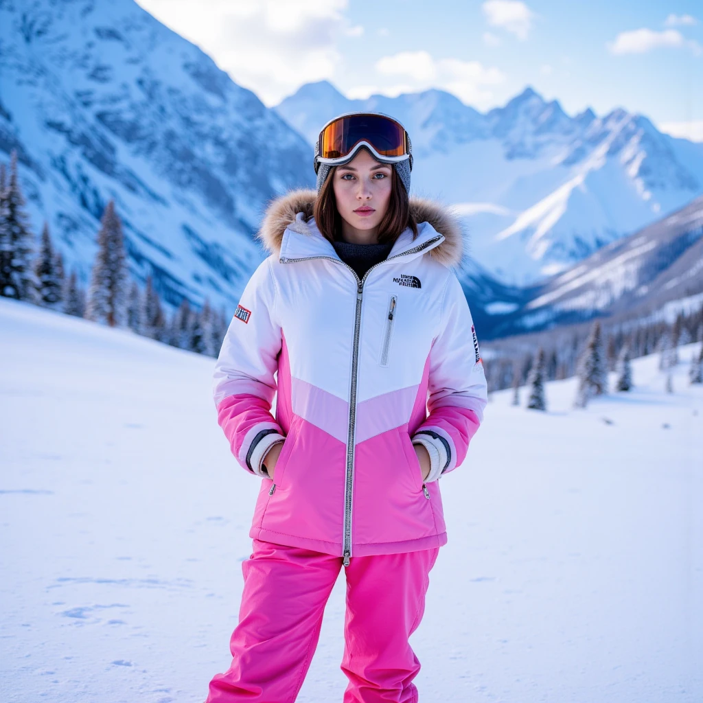 one women, beautiful, wearing pink beautiful DOWN JACKET and white ski pants, really big round breasts with size F which create a strong deformation of the jacket, stands with skis in hand, Next to alm on a snowy mountain