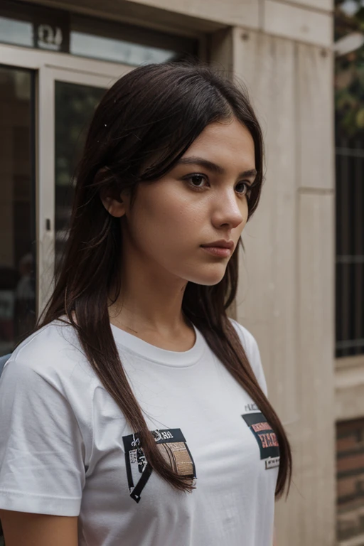 cute latina girl venezuela los andes gocha blanca light brown hair, ojos cafe, edificio gris moderno