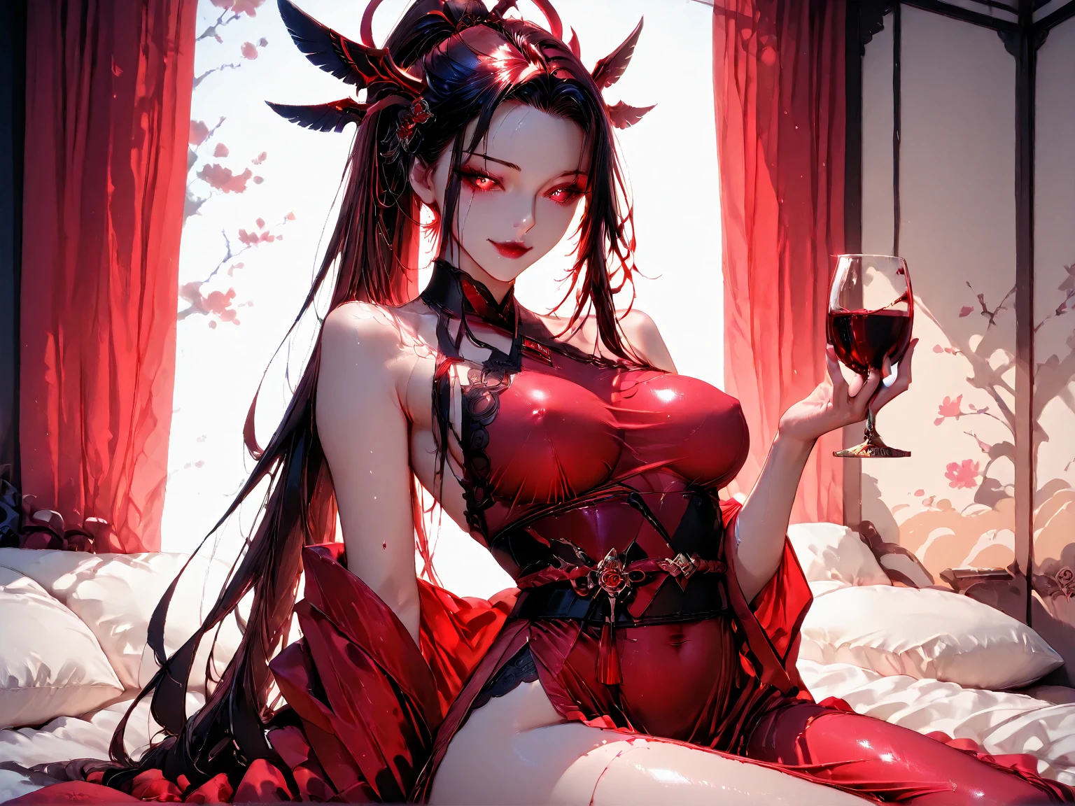 Oriental beauty in red, sexy pose, sexy outfit --auto --s2