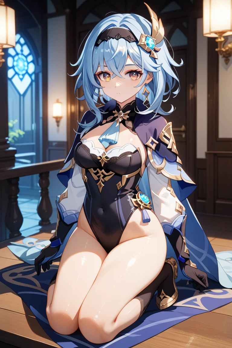 masterpiece, best quality, mature woman, short porcelain blue hair, tiara, showing forehead, gray blue cape, top, beautiful breasts, exposed thighs, navy blue short dress, belt, thin sword belt, cinnamon height boots wine color, dynamic pose, inside a dungeon, dark, dark, light magic, well detailed brightness, fantasy, medieval.