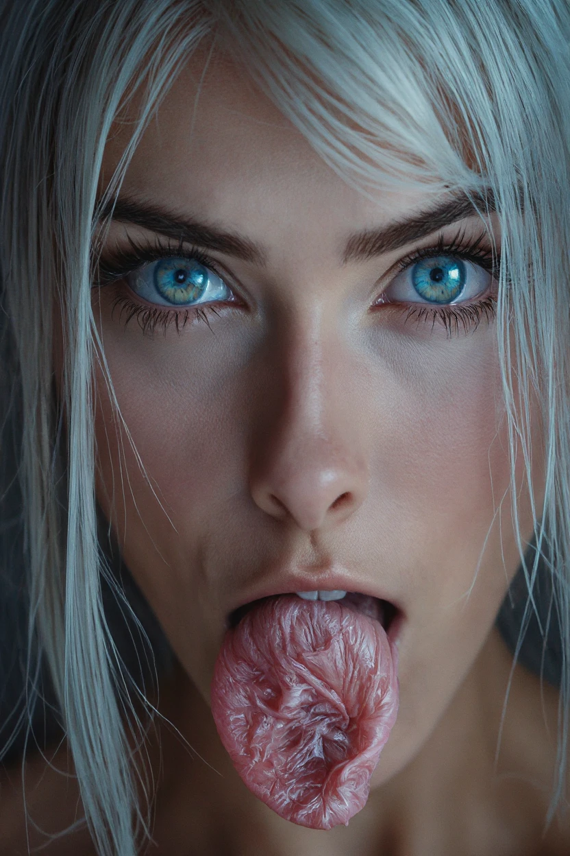 Girl, 20 years old, white lace lingerie, (elf ears:0.8), (close-up photorealistic:1.2), (sits on the floor:0.7), [knees together], [cobalt | (white:1.2) | (blue:1.3)] hairs, (threatening | pleading look) gaze, (shocked face:1.4), (tongue out:1.44) mouth, (look at viewer:1.2), (hdr), masterpiece, best quality,