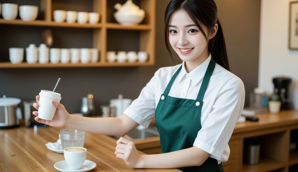 (masterpiece:1.2),1girl,pale_skin,realistic skin,large breasts,facing viewer,looking at viewer,A skilled barista wearing a stylish apron over a casual tee,crafting the perfect latte art in a cozy coffee shop,medium breast,vibrant colors,black hair,smile,masterpiece,best quality,
<lora:20230922-1695357763221:1>,, masterpiece, best quality,