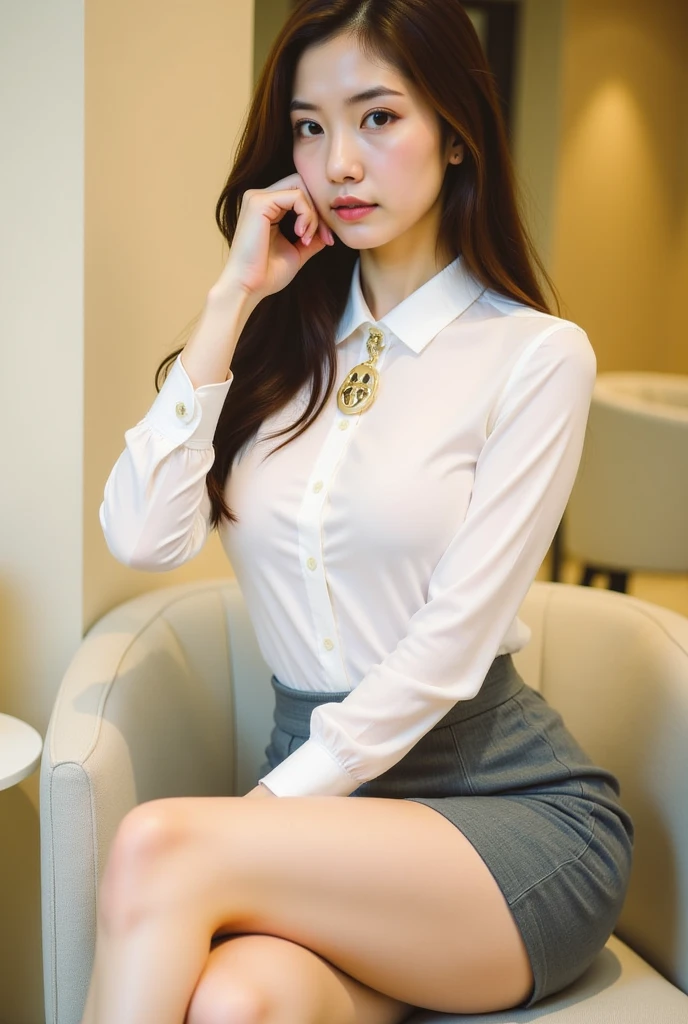 Highly detailed 8k wallpaper), sharp focus, detailed, dramatic, white shirt, miniskirt, sexy, smile, peek at the viewer, beautiful graphics, bright school building, full of students, showing the whole body,.