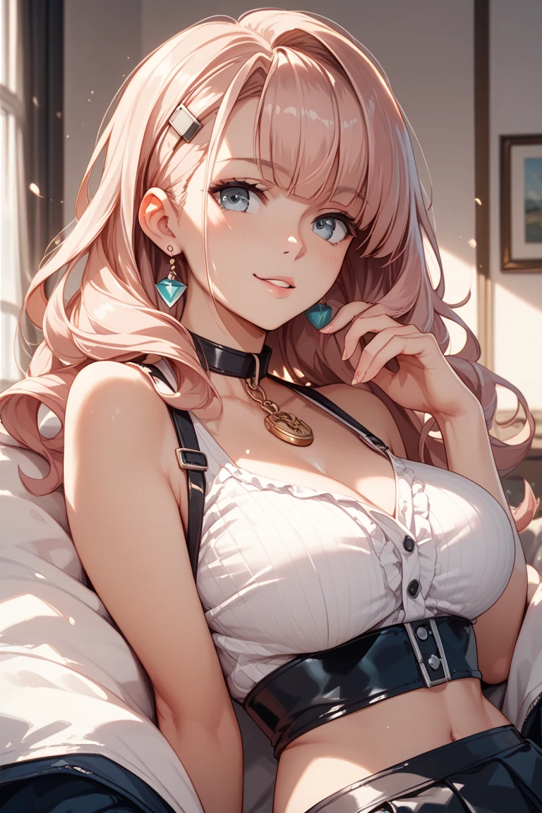 (Masterpiece, BestQuality:1.3), (ultra detailed:1.2), (hyperrealistic:1.3), (RAW photo:1.2), High detail RAW color photo, professional photograph, (Photorealistic:1.4), (realistic:1.4), (Pink Hair:1.5), professional lighting, perfect anatomy, (Big Breasts:1.2), (blush, detailed face), (A happy smile:1.7), Trending Hair&Trending Hairカラーをランダムに, earrings, necklace, bracelet, sexly, erotic sexly, Random sexy gravure poses, (A topless beauty、In front of the fireplace wearing only a fur coat、Give a provocative look。With long hair、Sit with your knees upright、Brush your hair up with one hand、Hold your chest with the other hand、A sexy pose where you slowly cross your legs。:1.3)