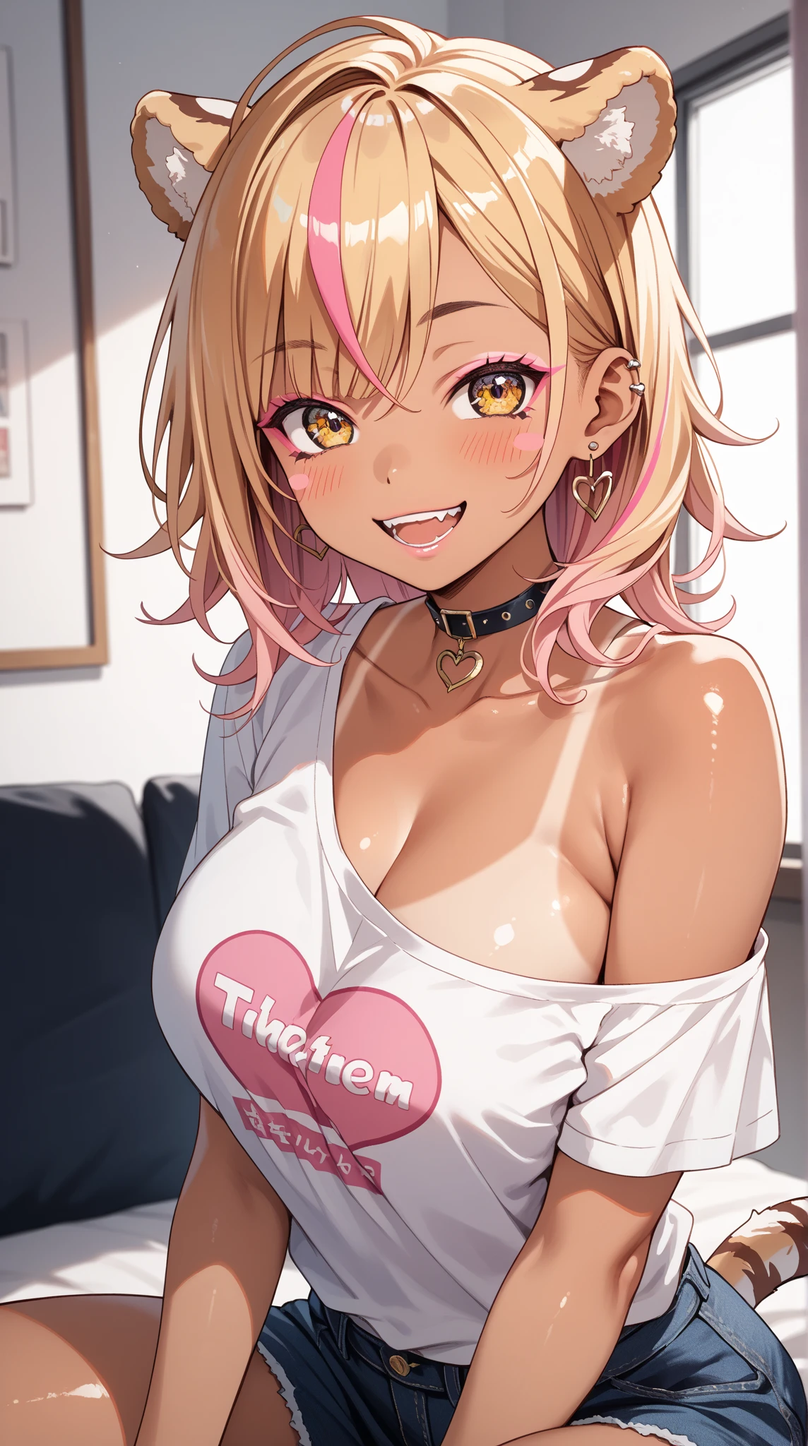 studio lighting, absurdres, thick outlines, dark, masterpiece, best quality, 1girl, toga himiko, boku no hero academia, blonde hair, smile, yellow eyes, double bun, open hoodie, no bra, black pantyhose, close-up, shiny skin, living room, window, sunset,