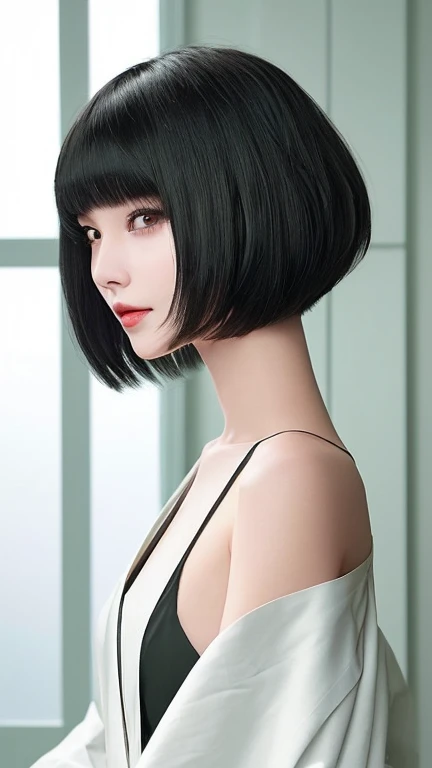 Delicate and dainty young woman with shiny bob-cut black hair . She is wearing black dress. The background is a fantastic and ethereal night sky that seems to be haunted by a specter. Her expression is stern and atmospheric. Angle from directly below.