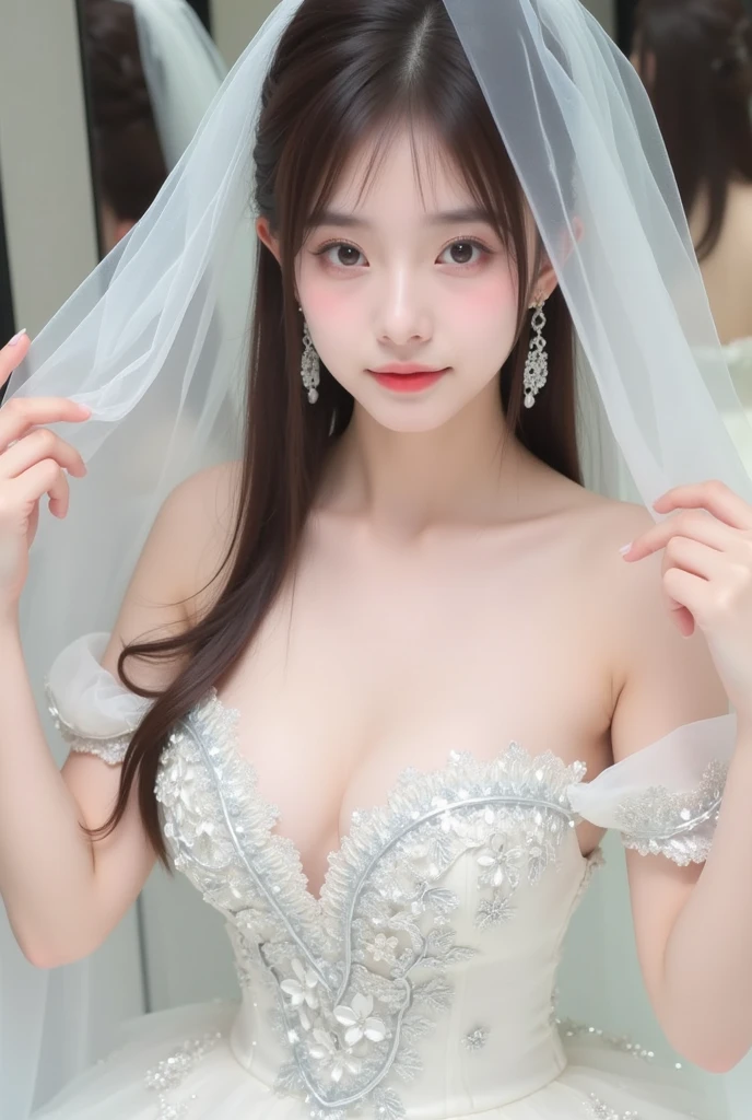 best qualtiy, (tmasterpiece:1.4), (8K, realisticlying, RAW photos, best qualtiy: 1.4), Beautiful bride,Head flower,headdress,(Bandeau wedding dress:1.5),(Silk dress:1.2),dress,necklace,earring,huge tit,Neck ornaments,Deep V peach heart collar wedding dress,Liuhai,Bouquet,mitts,Bridal veil,Forehead ornaments,Transparent veil,Bust photo,(Strapless wedding dress:1.5),lipstick,High detail RAW color art,Outdoors,A park