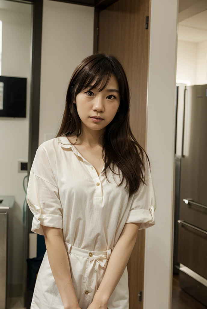 portrait of japanese woman,Brown and pink long hair, looking at viewer, highly detailed, film grain, 35mm photograph, professional, 4k, highly detailed, high quality, realistic, natural lighting, detailed facial features, elegant hairstyle, warm colors, cinematic, photorealistic, smile cute girl, A girl is sitting on the bed, snow-white bedspreads on the bed, an elegant room