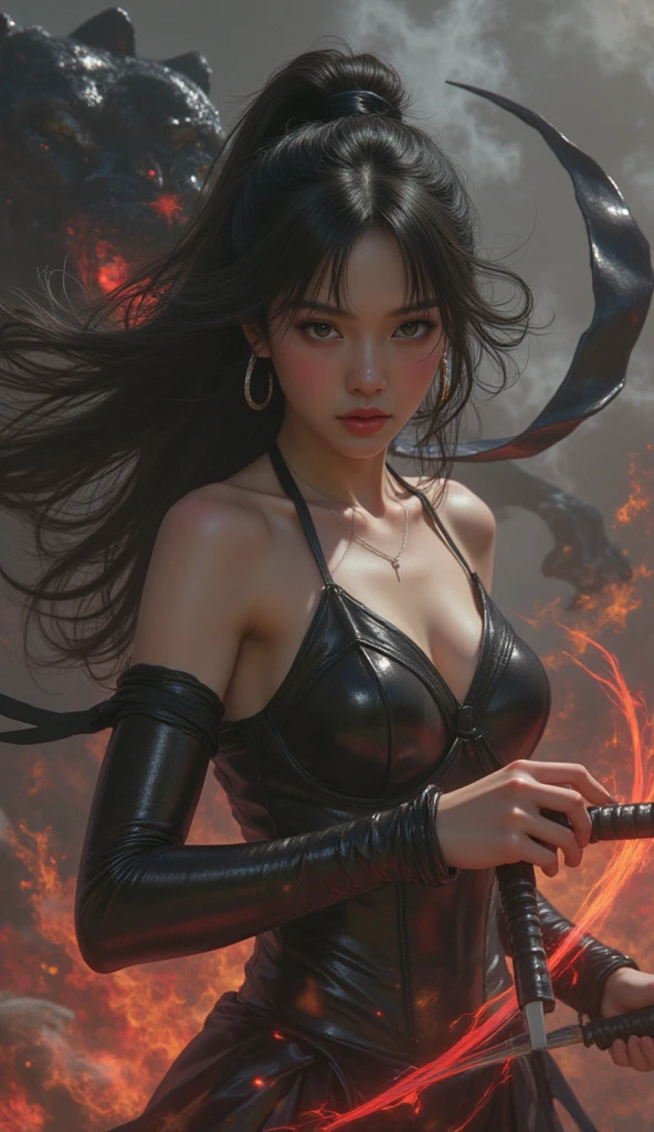 "Depict Kindred from League of Legends by Riot Games in their Shadowfire skin, with Lamb wearing her dark, no having clothes,fiery-themed outfit with blazing accents and sharp designs, having massive k-cups:1.55. Wolf is a menacing, flame-wreathed entity. They are in a burning forest with smoldering embers and dark shadows, in an attractive pose with Lamb readying her bow and Wolf snarling fiercely."