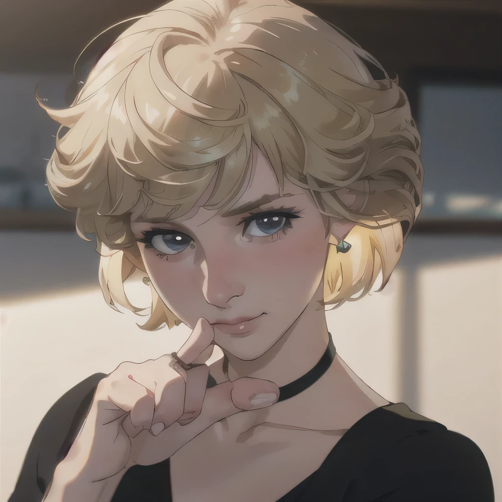 (masterpiece:1.3), (8K, Realistic, RAW Photos, Highest quality: 1.4), (One Girl), Beautiful Face, (Realistic Face), Beautiful Hairstyles, Realistic eyes, Beautiful details, (Realistic Skin), Beautiful Skin, Absurd, charm, Ultra-high resolution, Ultra-realistic, Very detailed, Golden Ratio, (Best Shadow), Cinematic, (Complex:1.4), High Contrast, Side lighting, ((Accurate hands and fingers)), Caucasian female, ((Princess Diana)), ((Black shirt)), (Blonde Hair, short hair:1.3), NSFW (大きな胸), くびれたウエスト, 大きな尻, ((closed mouth)), (hate), フラッシング, (汗), ((ソファに座っている))