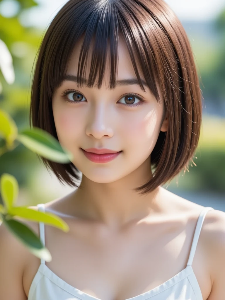 (RAW photo, highest quality), (realistic, Photoreal:1.3), very delicate and beautiful, soft light, (brown hair, short hair swaying in the wind, bangs), beautiful detailed girl, (finger details), highly detailed eyes and face, beautifully detailed nose, beautiful and detailed eyes, 1 girl, Japanese, Neat beauty, cute, young, smile, , (medium breasts), realistic face, realistic body, naked, 
