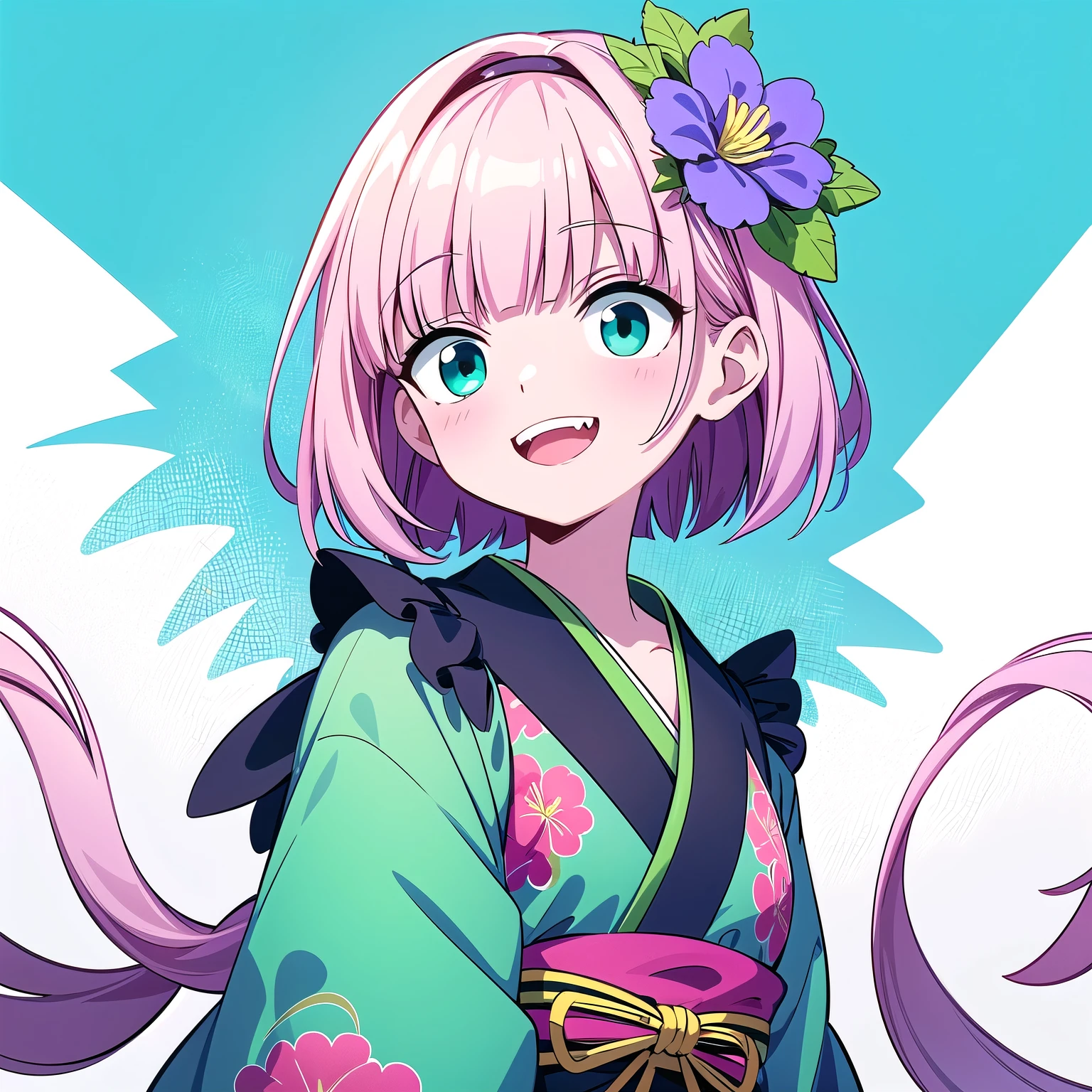 Pop‑anime style digital illustration on green background, clean black line art and flat cel shading, bust‑up portrait from shoulders up, front view smiling girl. Pink short bob hair with a large red flower and small blue flower hair accessory, turquoise almond‑shaped eyes, slight fangs, wearing a light lavender kimono with white collar and subtle floral pattern, bright green chroma key background, front view, looking at viewer