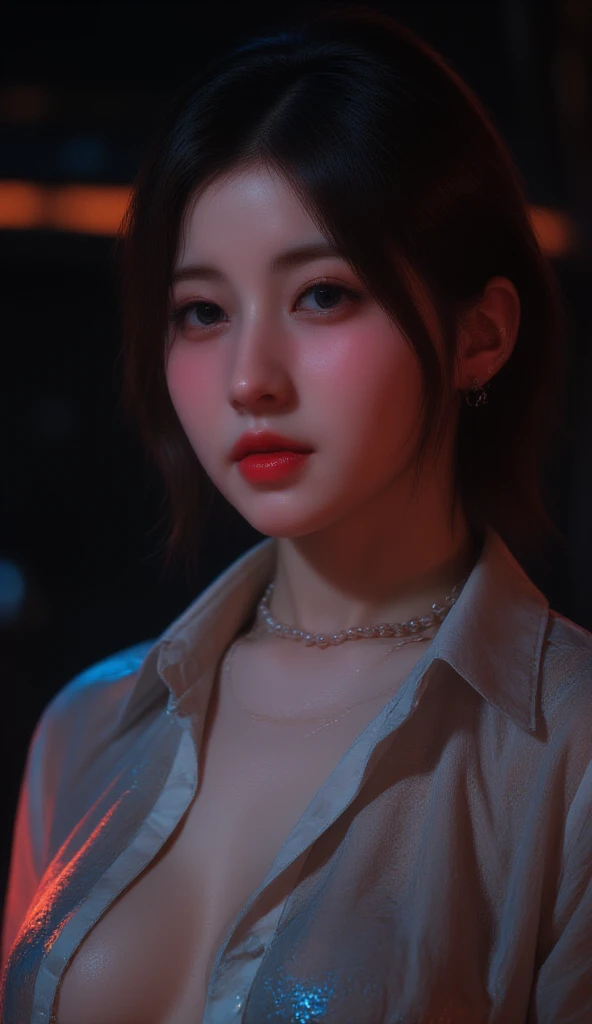 8K, Masterpiece, RAW photo, Best quality, Photorealistic, Extremely detailed Cg Unity 8K wallpaper, Depth of field, Cinematic light, Lens flare, Ray tracing, (Extremely beautiful face, Beautiful lips, Beautiful eyes), intricate detail face, ((ultra detailed skin)) 1girll, In the dark, deepshadow, Pretty Korean girl, Kpop idol, 1 girl, (Very slim and slender muscular body:1.3), ((view the viewer)),(Big smile:1.3), (Skinny pink trousers), (Lace-up minipants), (midnight, Dark night, (neon lights sign), (Blurred background), Dim light), (No one is in the background:1.3), Beautiful earrings, bangle, necklace, Pantyhose, Clear eyes, Walking , front footage, (Pale skin), (Big eyes), Face forward, (Full body shot), ((Silk hot pink shirt)), (brown hairs), (Tight lace-up shirt), Open navel, (view the viewer:1.3) Very slim, Medium breasts,