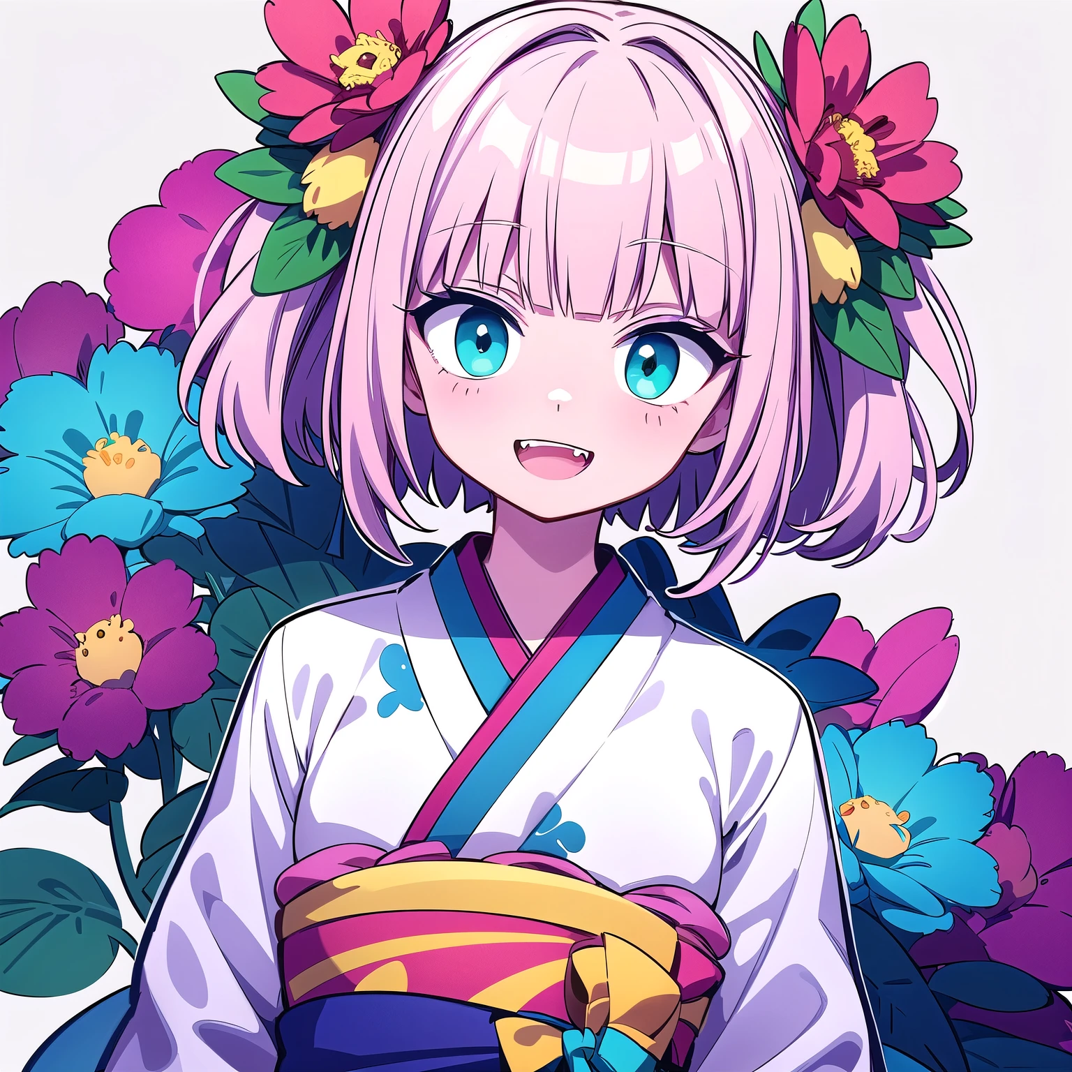 pop anime-style digital illustration、Clean Black Outline&Flat Cell Shading、bust up(From face to chest)、facing the front。
・Hairstyle :Pink Short Bob
・Hair ornament:Big Red Flowers and Small Blue Flowers+traditional barrette
・Eyes:turquoise almond-shaped
・Expression:smile and see small fangs
・Outfit:pale purple kimono(white collar、faint floral pattern)
· background:Bright Green for Chroma Key
