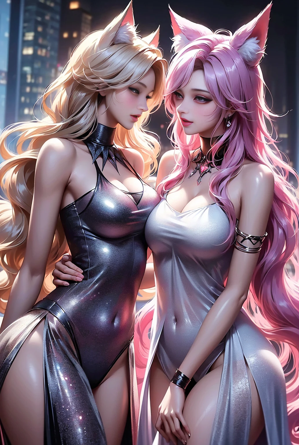 Two crazy girl hugging, Hyper Detail, Girls Only, Dynamic Lighting, (Glossy skin: 1.5), Masterpiece, Top Quality, Absurdity, really short demon clothes, breasts, cleavage, golden eyes, ray tracing, very long hair, masterpiece, hair between eyes, blush, NSFW, sexy, dynamic poses, wet, bunny ears, bunny tail, highly detailed, cyberpunk suit, crazy smile, attractive, psychotic, demon horn, blood