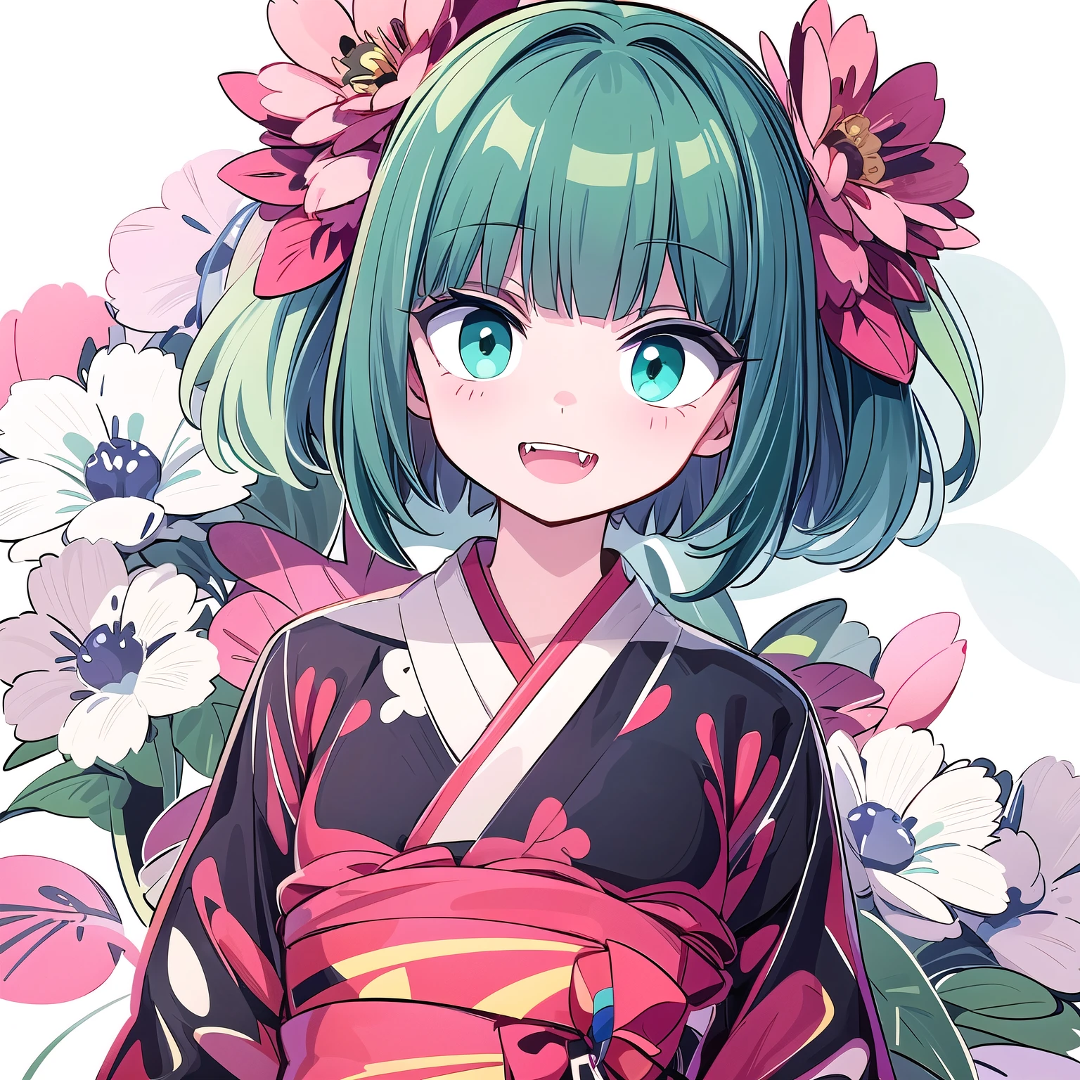 pop anime-style digital illustration、Clean Black Outline&Flat Cell Shading、bust up(From face to chest)、facing the front。
・Hairstyle :Pink Short Bob
・Hair ornament:Big Red Flowers and Small Blue Flowers+traditional barrette
・Eyes:turquoise almond-shaped
・Expression:smile and see small fangs
・Outfit:pale purple kimono(white collar、faint floral pattern)
· background:Bright Green for Chroma Key