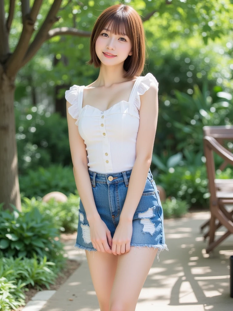 highest quality、8k Masterpiece、超A high resolution、(Photorealistic:1.3)、RAW Photos、1 girl、Messy black very short hair、Glowing Skin、((Ultra-Realistic Details))、Portrait、Global Illumination、Shadow、Octane Rendering、8k、Super sharp、Beautiful breasts、Beautiful Eyes、Bright colors、smile、Very intricate details、Realistic Light、CGSoation Trend、Beautiful Eyes、Shining Eyes、A big smile for the camera、Neon Details、20age、Mean、Small devil、Obscene、wide shot、full body、Silver charm on the ankle、Young body shape、未来的な白いIdol衣装、Cosplay、A little sexy、Moe、Super cute、cute、pure、Fall in love、Idol、可愛いIdolステージ衣装、A girly cafe with gentle sunlight、A smile that will make any otaku swoon、intellectual、Mature look