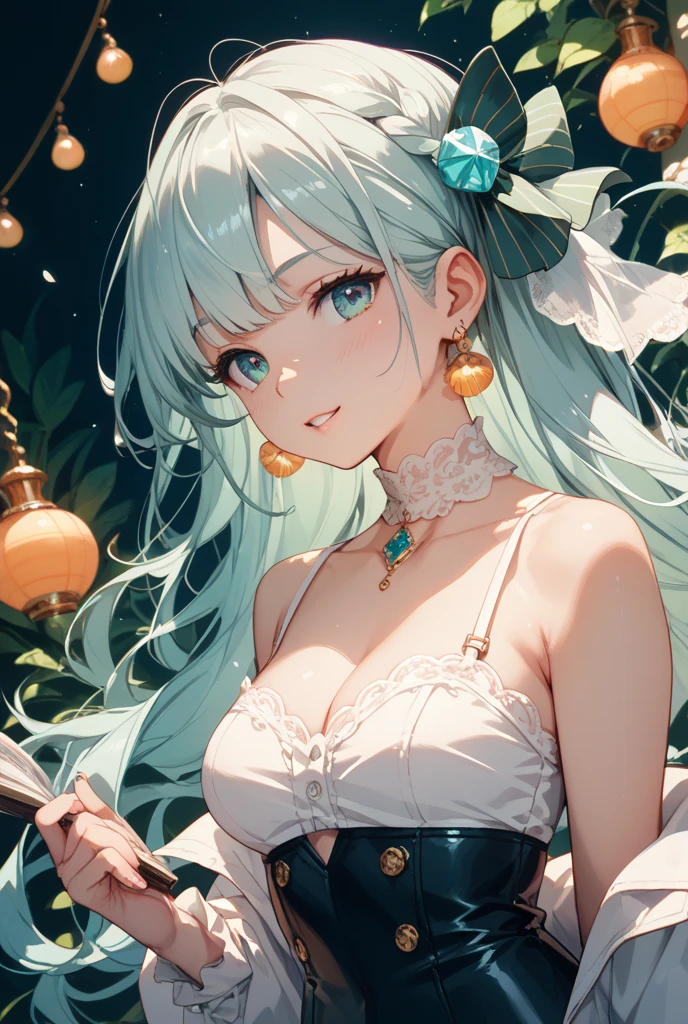((The best piece)),((masterpiece)), (ultra-detailliert), (illustratio), (Detail light), (very cute and beautiful),(exquisite), (beautifully detailed eyes),girl with,kawaii faces,Wearing glasses,Silvery hair,Light green eyes,Lori,huge tit,sorcerer,The witch's big hat,Lace gloves,With smiling eyes,Lace Bra,hand next to face,In the park at night,on all fours,Open your mouth wide,
