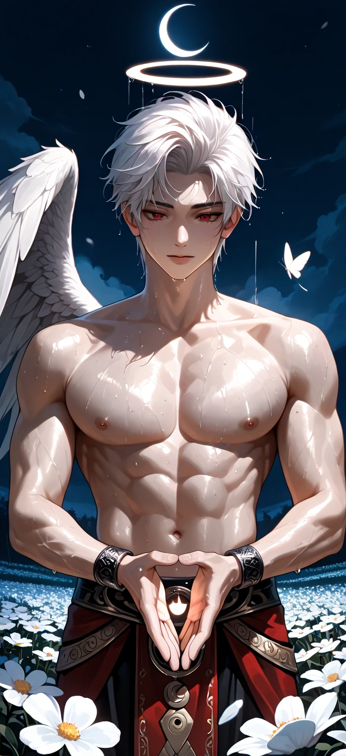 masterpiece, highest quality, super detailed face (Focus alone), (Perfect Face:1.1), (Attention to detail:1.1),dramatic, (an alluring albino naked angel guy with long flowing pure white hair and piercing 黒い目),I can see your abs,Handsome,,Short Hair, night shinning moon background, realistic penis, long big dick expose, perfect pretty penis, cumshot alot semen(white liquid all over the body