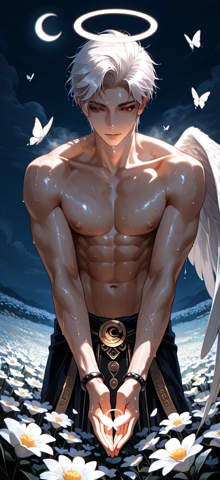 masterpiece, highest quality, super detailed face (Focus alone), (Perfect Face:1.1), (Attention to detail:1.1),dramatic, (an alluring albino naked angel guy with long flowing pure white hair and piercing 黒い目),I can see your abs,Handsome,,Short Hair, night shinning moon background, realistic penis, long big dick expose, perfect pretty penis, cumshot alot semen(white liquid all over the body