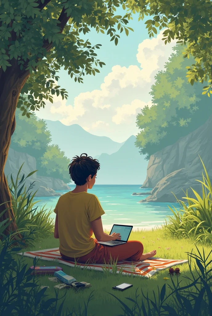 a person sitting comfortably in a warm and peaceful environment in their own home, with a laptop open in front of them. The laptop screen displays a serene and inspiring nature scene, symbolizing the inner journey and connection with nature