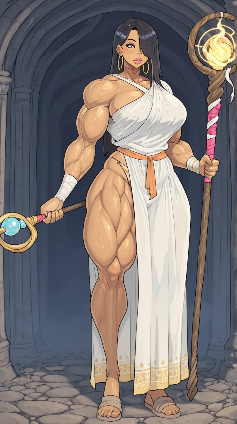 ((Massive Muscular body type woman,)) ((massive biceps)), in a bathrobe, ((massive body on steroids))