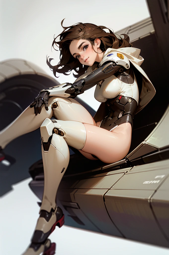 fashion photography, full body portrait, isabel, brown eyes, black hair, short hair slicked back, white lingerie, thigh high socks, fitness model, abs, sitting, (island landscape), (spaceship in the sky:1.2) <lora:isabelkrugerMEC-08:1>