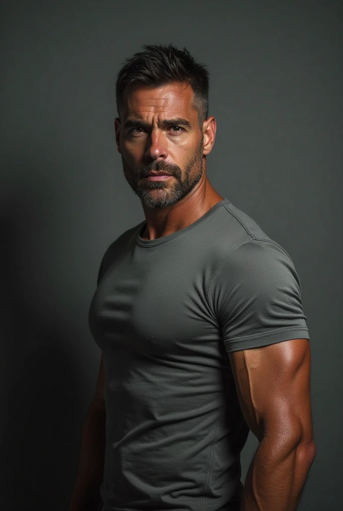 Handsome gay man, masculine, muscular, short, muscular, thin body, 30 year old male, looking straight ahead, looking at camera, naked man, naked man, hairy man, masculine appearance, dark chest hair, black armpit hair, black shin hair, black body hair, looking at camera, sun through trees, white silk t-shirt, soft Mohawk hair, moderately fleshy, thin eyebrows, fat, white Y-shirt, thin eyebrows, illustration style, dressed, gentle smile, sitting in a chair, in a room, wearing white long-sleeved clothes, thin beard