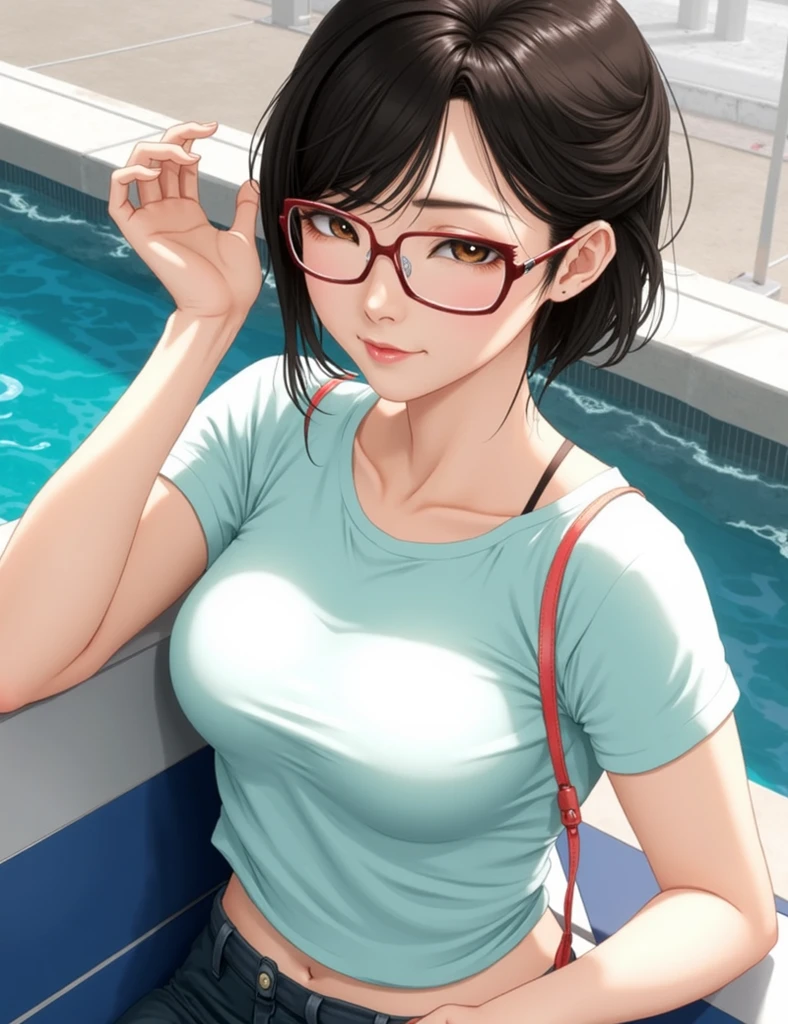 (1girl, solo, alone), (WakatsukiRisa, Sarada Uchiha, short hair, black eyes, red glasses), ((solo, (1woman, pink lipstick, small breasts), Extremely detailed, ambient soft lighting, 4k, perfect eyes, a perfect face, perfect lighting, a 1girl)), austere, grabbing her chest, showing her chest, ((pink bikini, shapely body)), spa, athletic body, body of equal proportions, ((lipstick)), front view, flushed cheeks, hot spring, outdoors, trees, rocks, outdoor hot spring, relaxing in a hot spring, towel