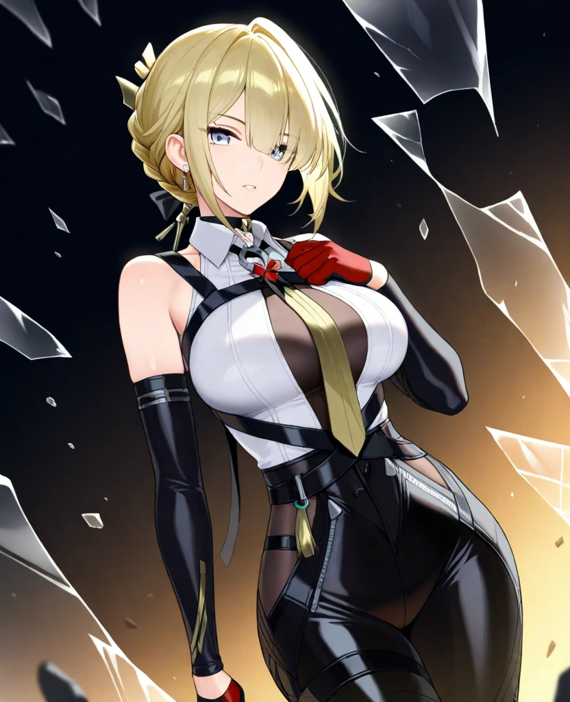 、(masterpiece、Highest quality)、Highest quality, Ultra-high resolution, (((masterpiece))), alone, Sweat、Big eyes,Please raise your arms and show your armpits, No sleeve、indoor、one piece、Composition from the front、（Cut the back hair short、short hair、blonde、woman）、Shortcuts、Embarrassed face、Cut your hair short、可愛いwomanの子、Big Breasts