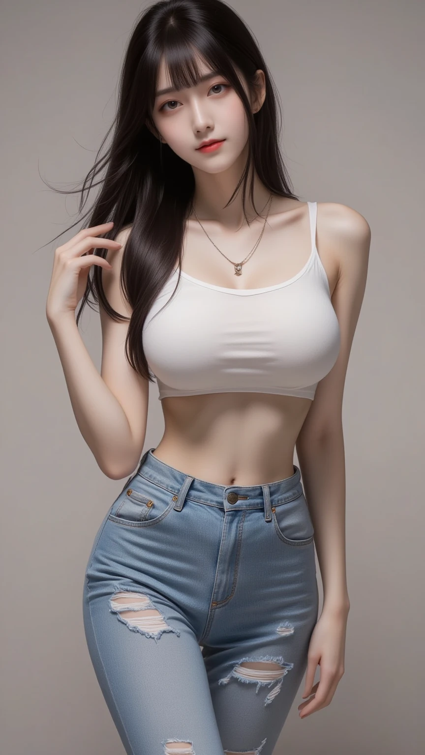masterpiece,highest quality,1 girl,delicined face, 前hair, just_arm, just_shoulder, green_eye, (very thin waist:1.48)、(A very narrow waist:1.48)、(soft big breasts:1.48)、clavicle, cowboy_shot, crop_superior, High leg, High leg_panties, length_hair, looking for_in_peeping in the viewer, belly button, panties, realistic, short_shorts, shorts, 一人in, Are standing, underwear,