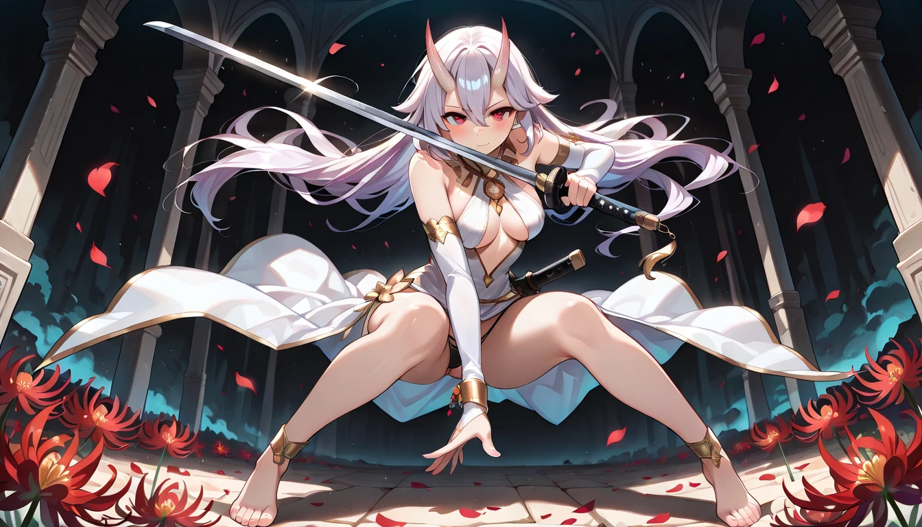 1 girl, windy forest background, shiny backlight, battle scene, bowing arrow, volumy long ponytail, silver hair, red eyes, middle breasts, her hair is fluttering down, white fantasic leotard outfit, white long loincloth,brown belts, long Quiver of Arrows behind back, strongly draw the bowstring shooting arrow, holding bow,open legs,open thighs, arched back, scerious, aiming, gazing, cowboy shot, looking side, masterpiece, best quality, general, rotated composition,