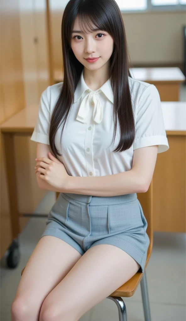 ((Ultra-high resolution)),8K,15 years old、Small breasts, , Twin tails, Green mini skirt, Navy blue tie、white shirt with open front、、Small cleavage 2:1,Idol Sculpture, Wet, smile、Pink wall、sexy、slender、Sitting in a chair、Shapely small breasts、I can see your thighs、