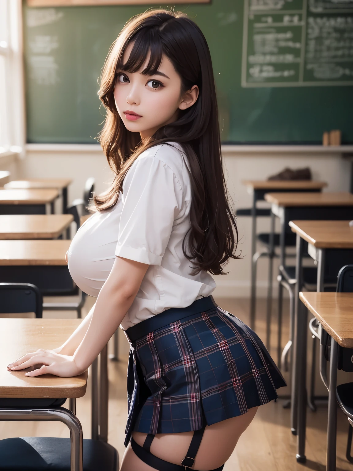 masterpiece, best quality, illustrations, Super Details, fine details, high resolution, 8k,wallpaper, perfect dynamic composition,(High quality with attention to detail, realistic depiction of eyes:1.3), from the side, high school classroom、high school girl uniforms、blazer 、Ultra Short Plaid Uniform Skirt、navy blue high socks、Garter Belt、plump chest, disheveled uniform, (Up Hair:1.2), black hair, Big Breasts, Big Natural Colored Lips, Bold and Sexy Poses, (perfect body shape), I'm crying a little、20 year old girl、cute type, beautiful legs, hposing gravure idol, thighs are plump