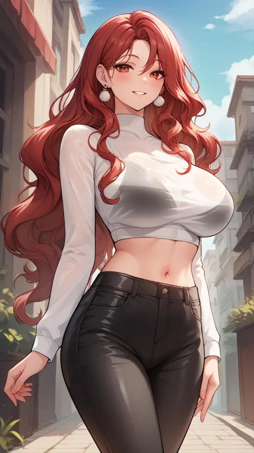 Red hair,red eyes,(high quality eyes),masterpiece, best quality, high quality, highres, outdoors, looking at viewer, white shirt,see through crop top, midriff, navel, black latex pants, Jenny, tall female,big breasts, tassel earrings,wavy hair, college bag on shoulder,mini jacket, bracelet, background, college background, people, students,gazing by people,