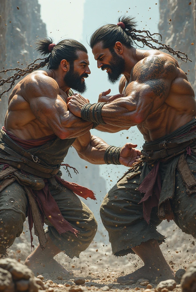 Strong, hairy, bearded mixed-race men dressed in sarongs breaking rocks with great force and sweating heavily inside a dark mine.