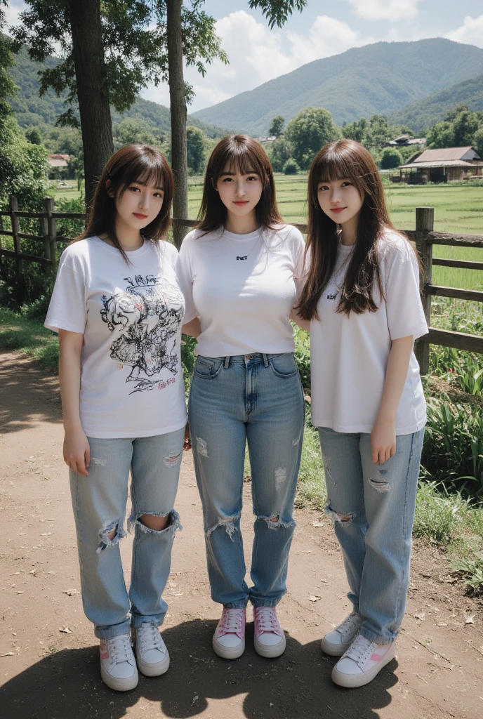 Japanese、woman、Big Breasts、90s American Casual Fashion、College T-shirts、Levi&#39;s 501 Jeans、Converse sneakers、Brown Hair、Bob Cut Hair