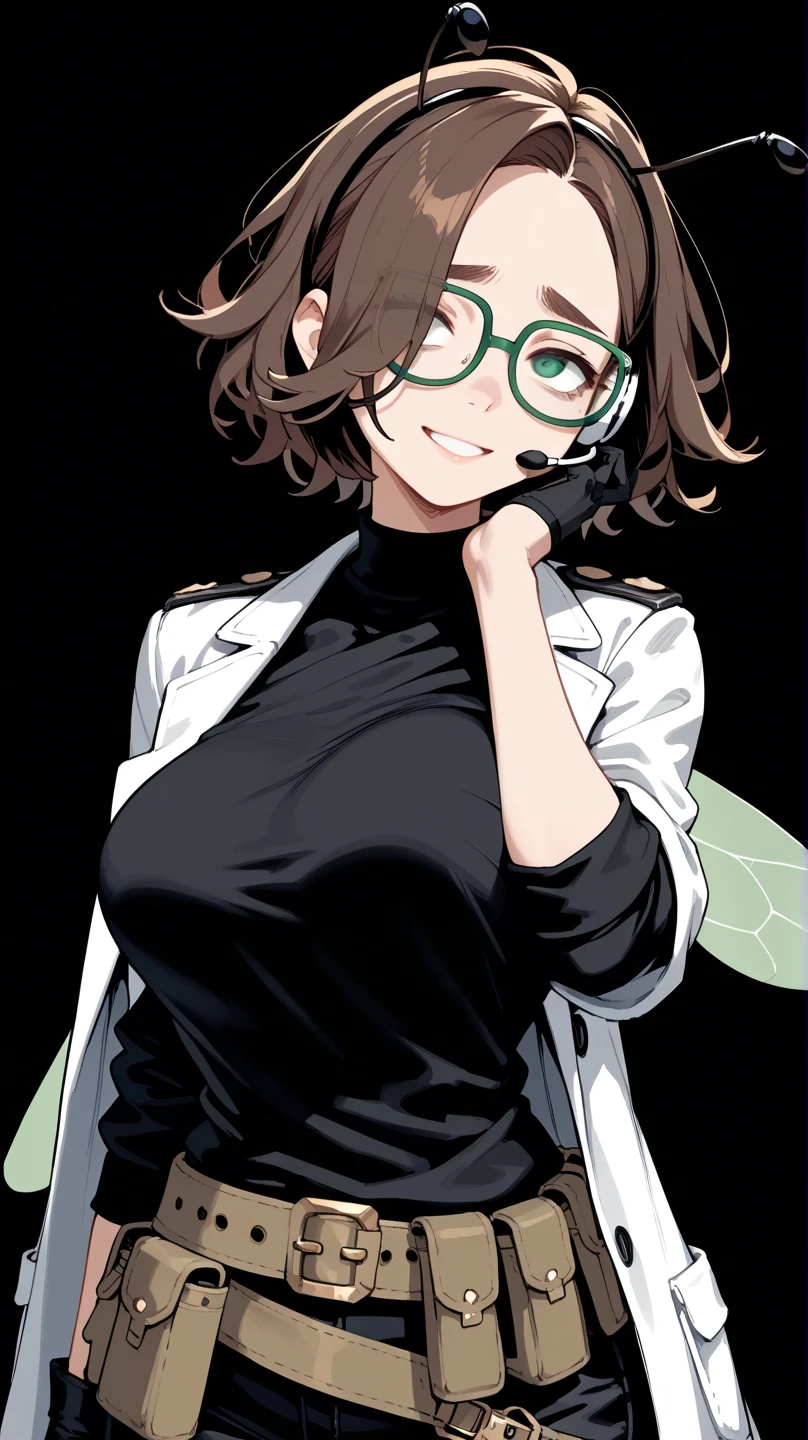Beautiful Snake girl, Part female snake and part women, big breasts, wears a black and green covering her deep red shirt, she wears glasses, light short brown hair, Her pants are black and they have holes but don't show the skin.