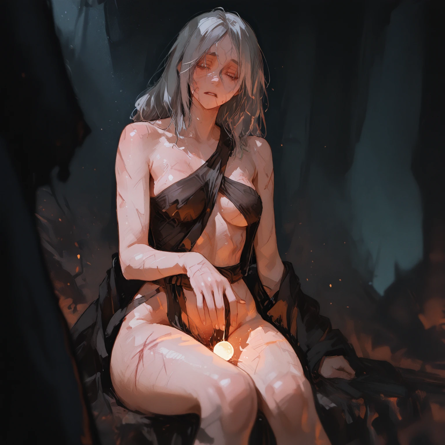 (Close shot), Creepy Girl, wrapped in cloth and rags, she rests in the swamp like a ghost. She sits on a stone and spreads her long legs, She has long purple hair, A long hands, eyes full of hatred, wicked smile. She is a complete monster and no one can stop this horror. She is wickedly naked exposing her skin. Sitting on a stone, leaning backwards, Spreading her legs, touching her exited pussy, Her naked nipples are hard and pointy, her pussy is exposed, hairy pussy leaking cum, long legs, pointy shoes,The swamp is immersed in fog and haze, and the girl hides in the fog to strangle and devour the next victim; The girl's eyes are clear, Red, Expressive, they radiate hatred. High-quality photo, foto realista, 8k, Cinematic quality
