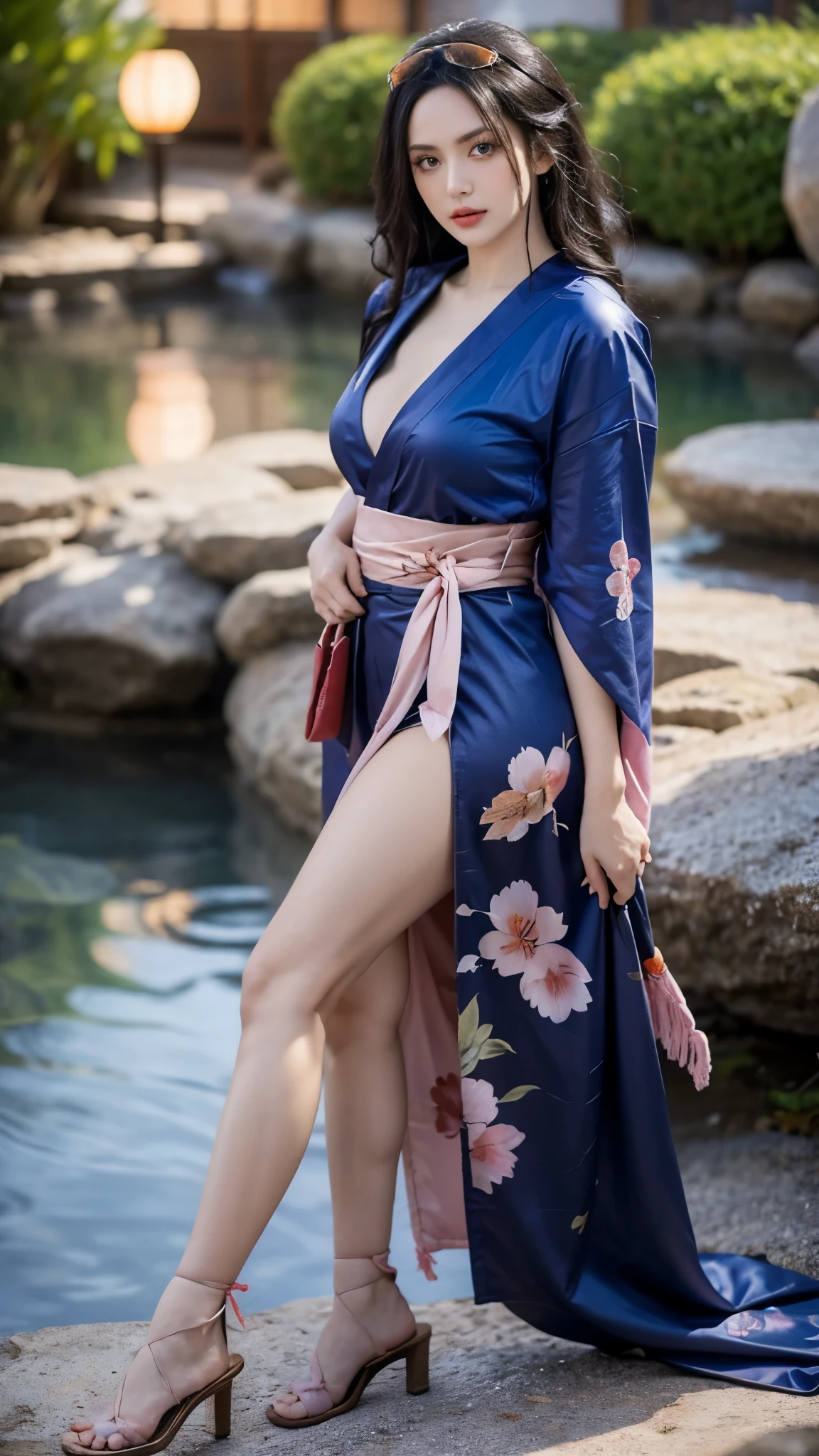 "Create a hyper-realistic portrait of Nico Robin from One Piece, reimagined as a real-life woman wearing a traditional Japanese kimono. She is a graceful and intelligent woman in her late twenties with a calm and mysterious aura. Her skin is smooth and pale, and her deep blue eyes are expressive, reflecting wisdom and a quiet strength. She has long, flowing jet-black hair styled elegantly with traditional hairpins and subtle floral ornaments.
She is wearing a luxurious dark purple silk kimono with intricate floral patterns in silver and blue, symbolizing knowledge and mystery. The obi is tightly wrapped in a contrasting deep indigo, adorned with an antique accessory shaped like a chrysanthemum. Her posture is refined and poised, with one hand gently holding a closed paper fan, and the other lightly resting on her side. She wears delicate white tabi socks and lacquered black geta sandals.
The background features a serene Japanese garden at twilight, with soft lantern light reflecting off a koi pond and cherry blossoms gently falling around her. The lighting is warm and cinematic, enhancing the texture of her kimono, the shine in her eyes, and the elegance in her expression. Add realistic skin texture, soft shadowing, and intricate details to the fabric, accessories, and environment for a lifelike finish."