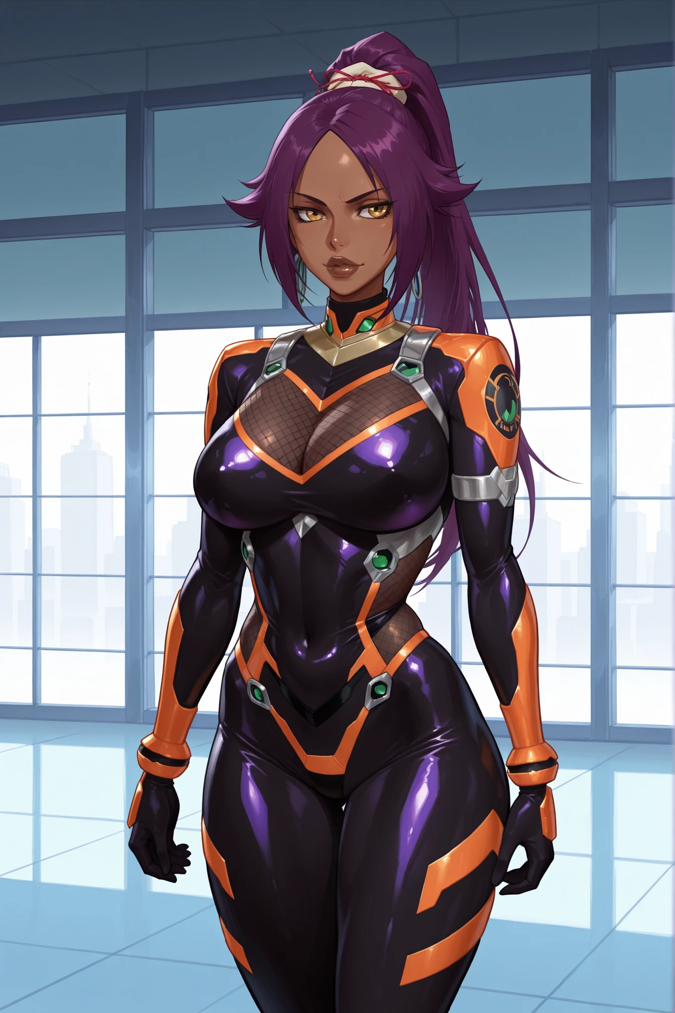 master piece, high quality, 4k uhd,hires, Yoruichi Shihouin, purple and orange armored taimanin bodysuit, armored bodysuit, thick thighs, mesh clothing windows, thick brown lips, modest chest,