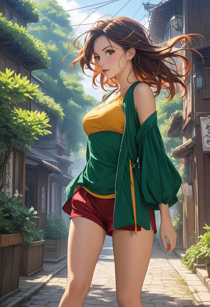 raeliana, (green eyes:1.4), (brown hair:1.4),masterpiece,best quality,night view,rainy,cyberpunk city,wet clothes, kebaya_bali,green_kebaya_bali,large breasts,sweaty smile,show nipples ,transparent dress ,show armpits,get raped by 1 man