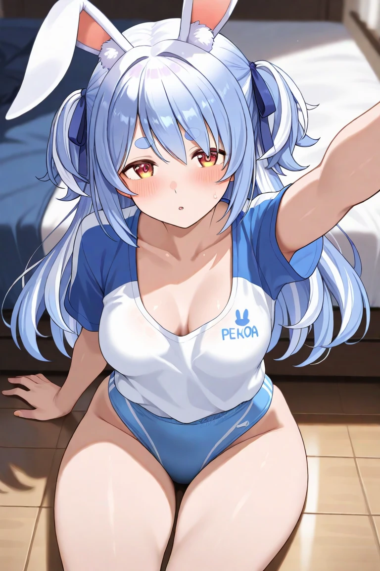 kiyohime (fate), 1girl, solo, long hair, breasts, looking at viewer, blush, simple background, white background, ribbon, navel, medium breasts, underwear, yellow eyes, ponytail, short sleeves, green hair, horns, alternate costume, clothes lift, aqua hair, shirt lift, lifted by self, gym uniform, buruma, panty peek, multiple horns