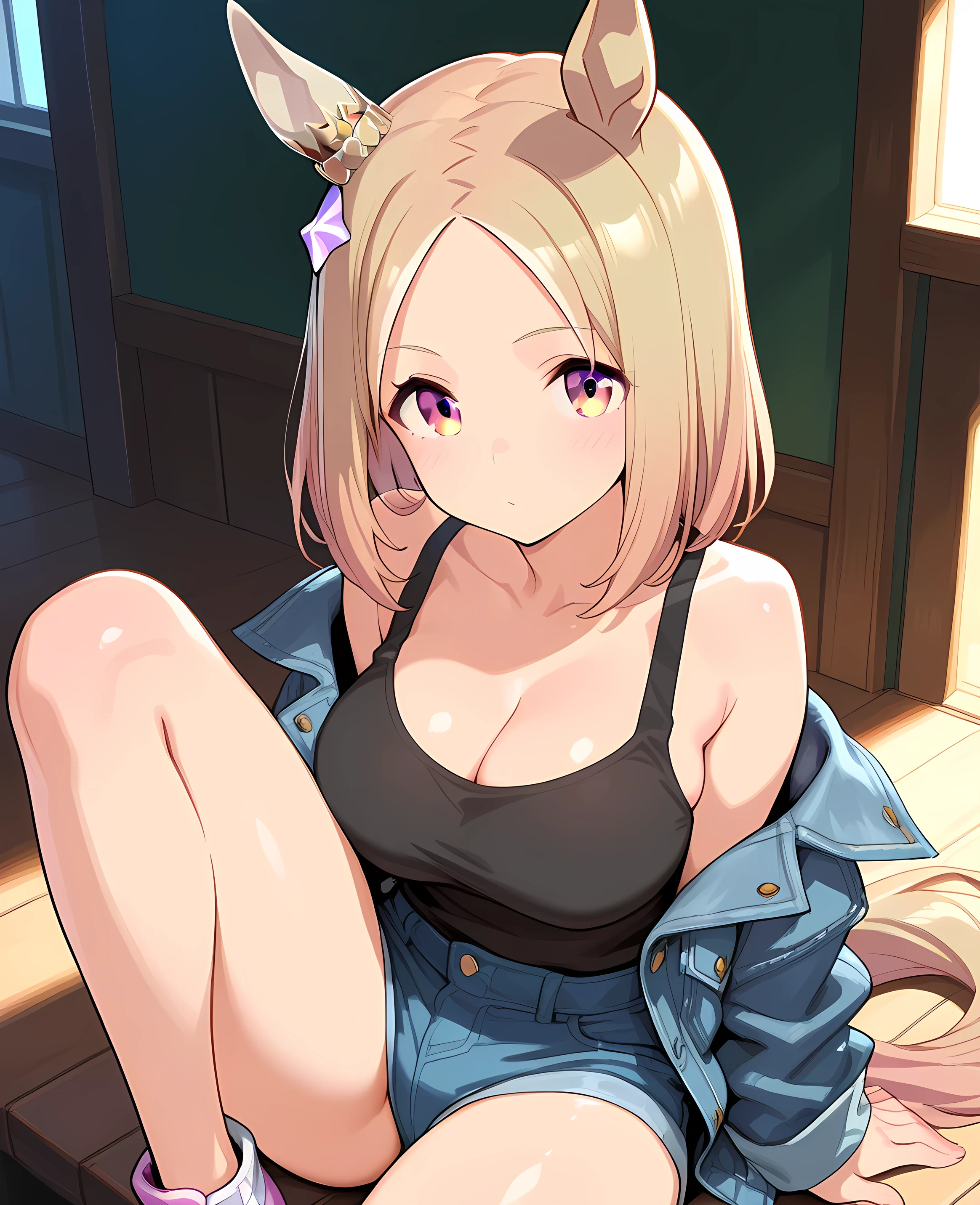 narita top road \(umamusume\),(((masterpiece))),(((detailed)))((best quality)),((hyper detailed)),(beautiful),((shinythighs)),(((shiny skin))),(high quality skin),((8k)),((high resolution)),black color tank top, denim jacket,micro mini denim short shorts,anime girl, solo