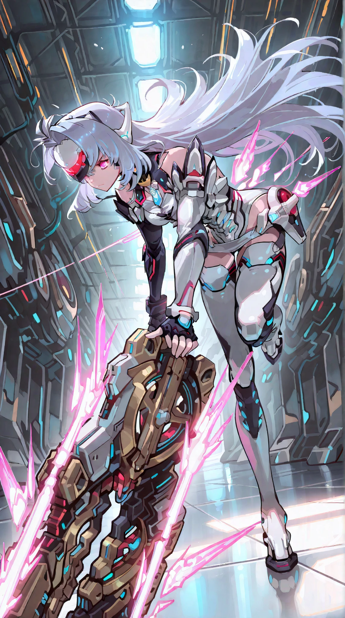 android girl(metallic white skin, blindfolded in visor, cyber joint, orgasm, lean back, cramps), black room, reddish light, tentacle cable insert in vagina